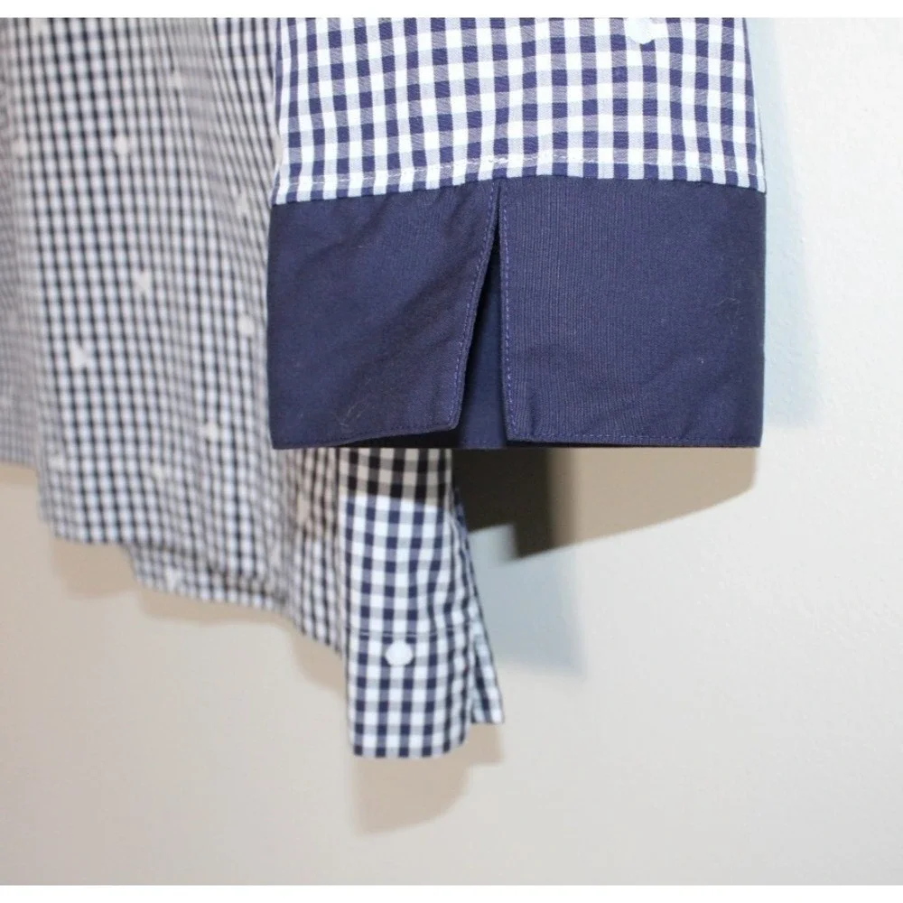 Coldwater Creek Gingham Check Plaid Polka Dot Navy Blue White Tunic Shirt Top PS - Picture 3 of 12